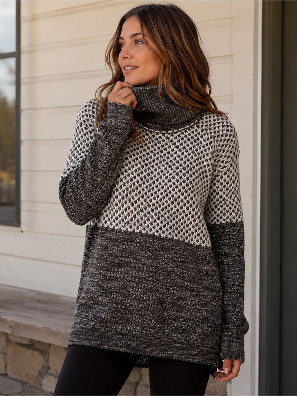 prAna Mattea Gray White Textured Knit Turtleneck Sweater Medium